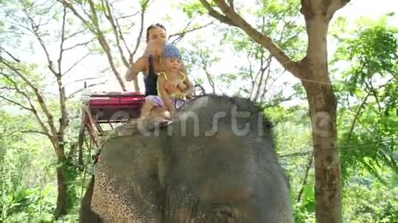 妈妈和女儿用香蕉喂大象妈妈和女儿花时间旅行视频的预览图