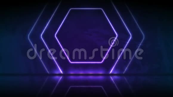 蓝色紫罗兰色背景下霓虹灯六边框视频动画视频的预览图