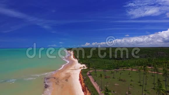 在巴西巴伊亚的莫雷拉海滩阳光明媚的一天在巴西海滩海岸鸟瞰绿色海洋2017年2月视频的预览图