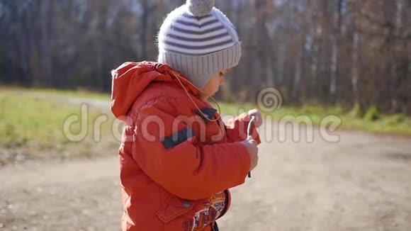 在秋天公园散步的孩子一个男孩手里拿着棍子站着视频的预览图
