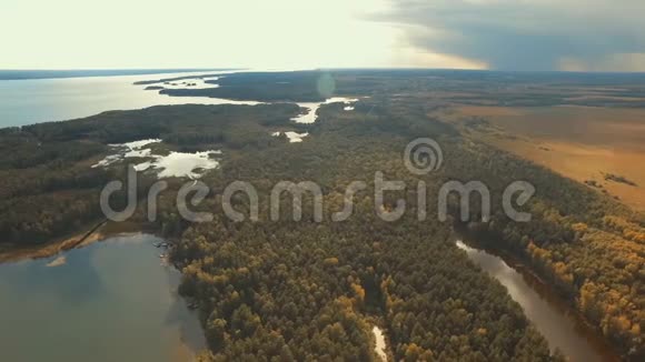 飞越森林和河流森林谷日落时的秋田视频的预览图
