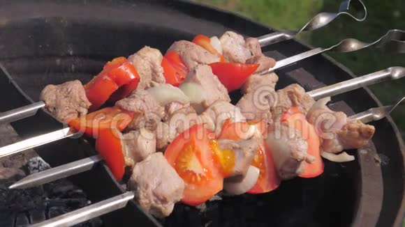肉串和蔬菜串在肉串上并在烤架上煮熟视频的预览图
