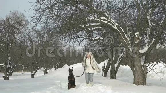 快乐的女孩在雪地上和她的狗玩耍在冬天的外面玩得很开心视频的预览图