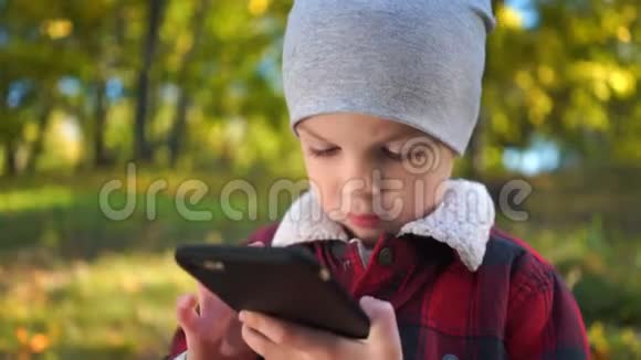 男孩正在秋天公园玩智能手机游戏视频的预览图