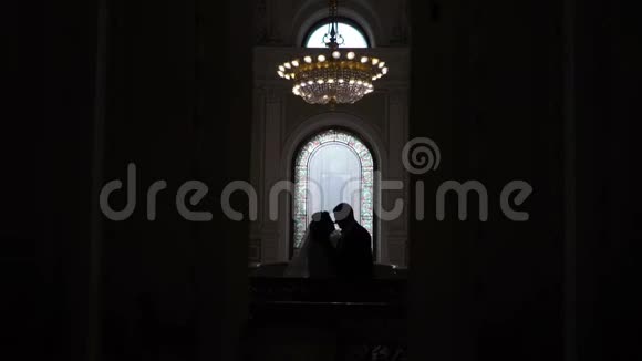 可爱的一对夫妇在婚礼上拥抱宫殿的剪影视频的预览图
