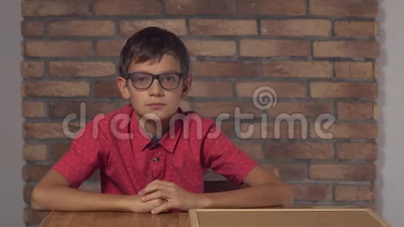 坐在办公桌前的孩子拿着一张挂图在背景红砖墙上刻着字母视频的预览图