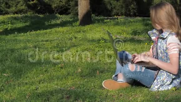在大自然中做笔记本电脑的青少年那个女孩坐在公园的草地上在一个阳光明媚的日子里带着笔记本电脑在新鲜空气中视频的预览图