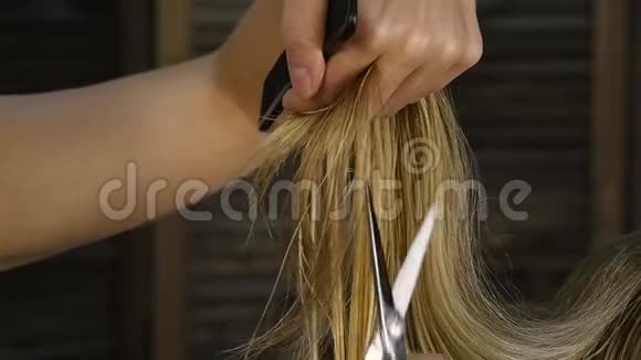 女理发师手牵着手指锁着头发用剪刀修剪头发的尖端视频的预览图