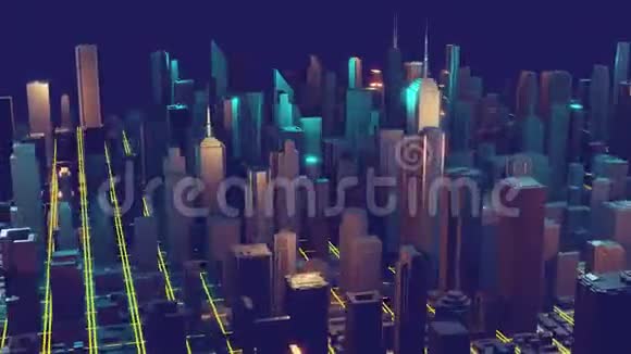 有着闪亮灯光的摩天大楼的立体城市绕着摄像机飞过城市视频的预览图