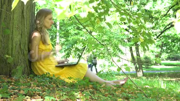 严肃的女人用笔记本电脑工作夫妻在公园里后台散步4K视频的预览图