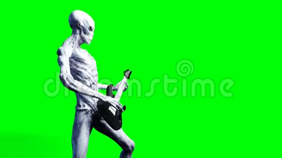 有趣的外星人用电吉他演奏现实运动和皮肤着色器4K绿屏镜头视频的预览图
