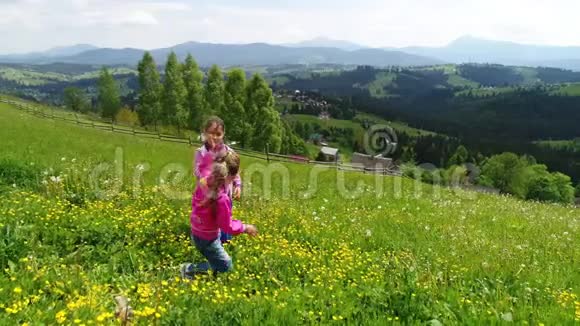 在喀尔巴阡山脉背景下孩子们在开花的草坪上玩耍视频的预览图
