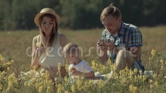 一家人在美丽的夏日草地上享受野餐视频的预览图