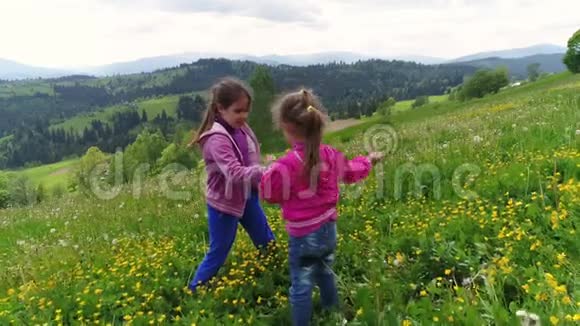 在喀尔巴阡山脉背景下孩子们在开花的草坪上玩耍视频的预览图