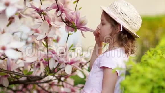 盛开的木兰花花园里一个小女孩的肖像视频的预览图
