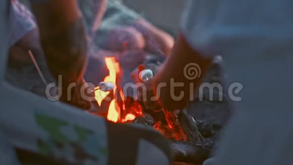 日落海滩派对篝火和与朋友一起烤沼泽视频的预览图