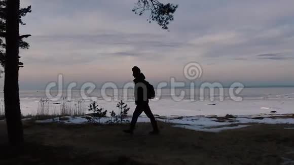 在海湾的背景下一个背着背包的人沿着树林散步视频的预览图