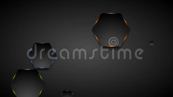 黑色科技六边形与五颜六色的发光抽象运动背景视频的预览图