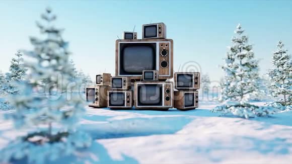 复古的堆冬天的古董电视雪景现实的4k动画视频的预览图