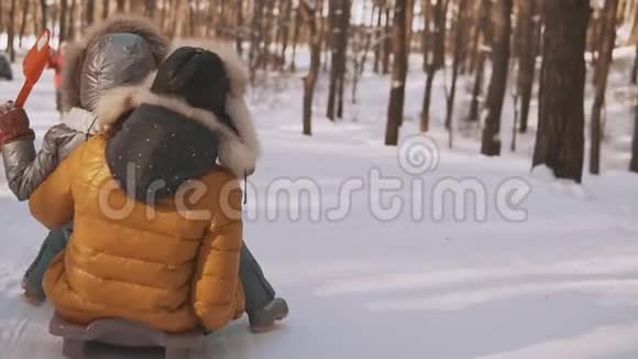 年轻的母亲和小女儿在冬天的公园里玩雪橇视频的预览图