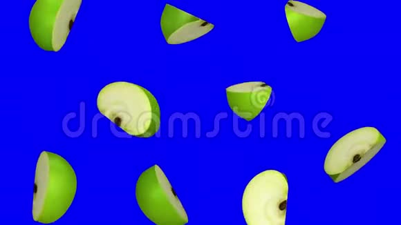 一片片绿苹果落在蓝屏上无缝环CG视频的预览图