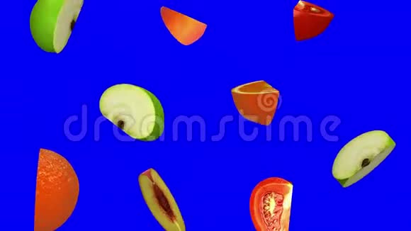 落在蓝屏上的水果片无缝环CG视频的预览图