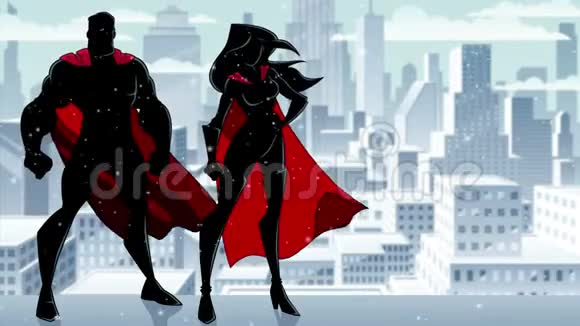 超级英雄夫妇站立冬季剪影视频的预览图