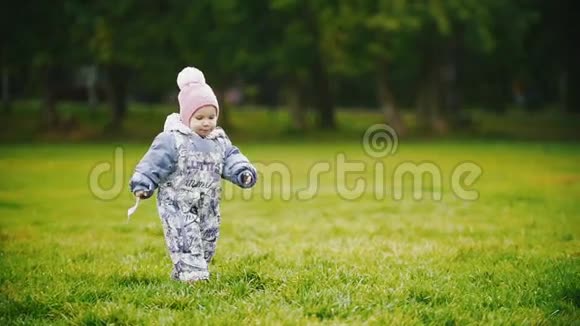 一个在秋天公园散步的小女孩一个婴儿在草地上奔跑动作缓慢视频的预览图