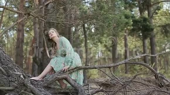 动作慢漂亮的女孩在树林里对着镜头摆姿势视频的预览图