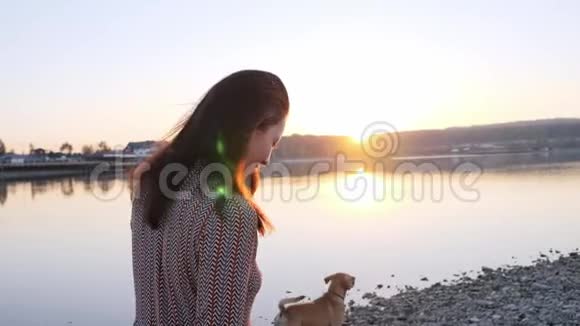 可爱的年轻女人和她可爱的狗在湖边的大自然里散步视频的预览图
