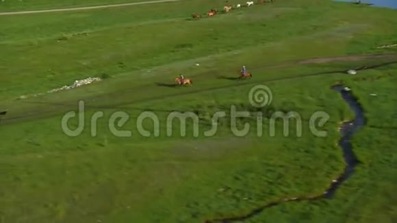 绿色山谷中牛仔和马的空中射击视频的预览图