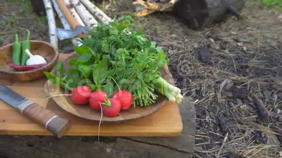 林中砧板上的新鲜蔬菜和小刀视频的预览图