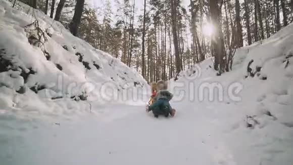 年轻的母亲和小女儿在斯洛莫的冬季公园玩雪橇视频的预览图