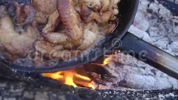 在篝火上烹制香料的鸡肉视频的预览图