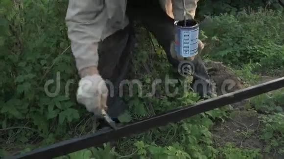 70多岁的老人用黑色油漆铁栅栏视频的预览图