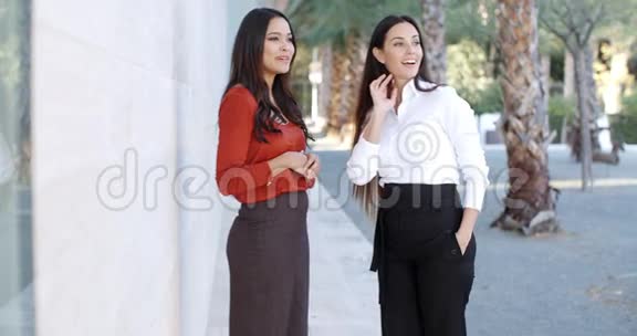 两个优雅的女人站着看着什么视频的预览图