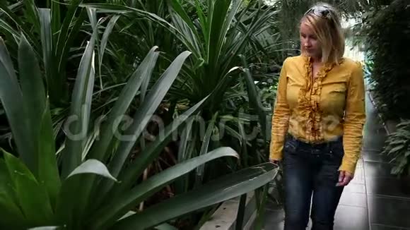 在温室里散步的漂亮女人视频的预览图