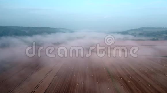 早晨雾中对粮田的鸟瞰视频的预览图