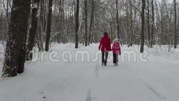 冬天妈妈带着孩子在公园散步慢动作视频的预览图