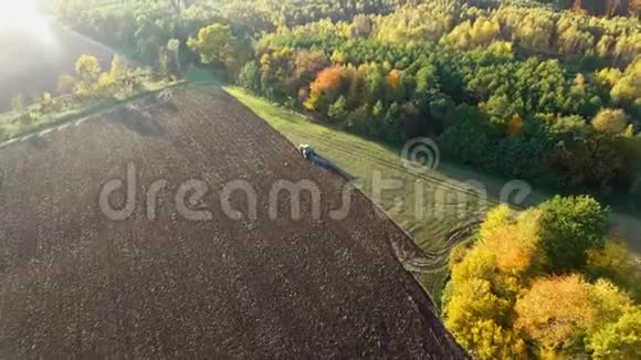 拖拉机在靠近森林的地方犁黑色土壤的气射秋天的日落视频的预览图