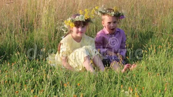 戴着花环的小男孩和小女孩坐在干草里视频的预览图