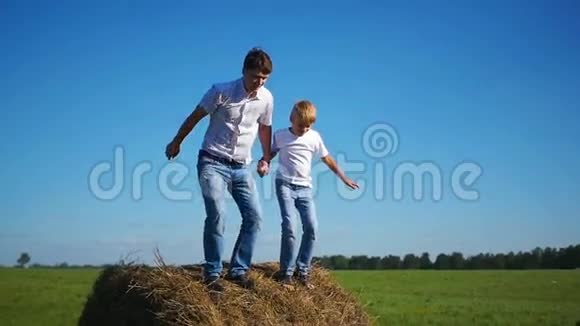 快乐的家庭在干草堆上玩得开心视频的预览图