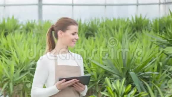 女性花店停下来检查种植植物视频的预览图