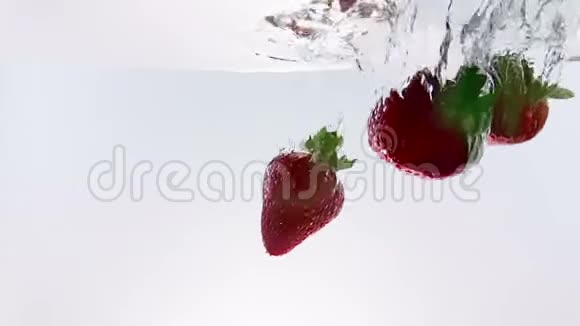 红色的新鲜水果草莓溅起水花在白色的背景上缓慢地跳动视频的预览图