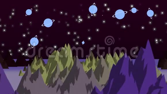 卡通动画背景与行星和山脉的空间抽象背景视频的预览图