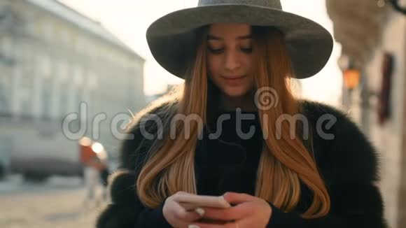 美丽的年轻女子站在市中心时在明亮的阳光下使用手机视频的预览图