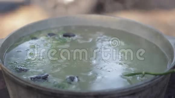 用金属锅煮的鱼的汤视频的预览图