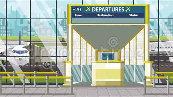 机场候机楼出境板门上方有塔什干文字前往乌兹别克斯坦可循环卡通动画视频的预览图