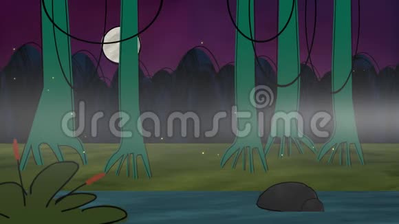 带有森林和沼泽的卡通动画背景抽象背景视频的预览图