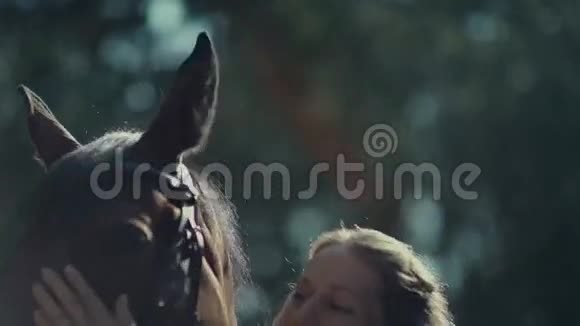 一位身穿白色西装的女骑手在夏天的森林里抚摸着马视频的预览图